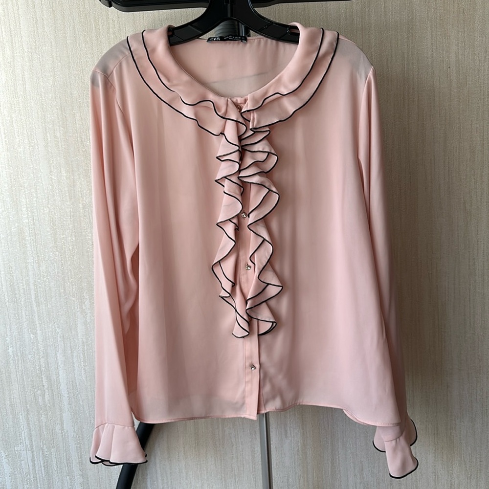 Zara Pale Pink Ruffle-Front Blouse with Black Trim